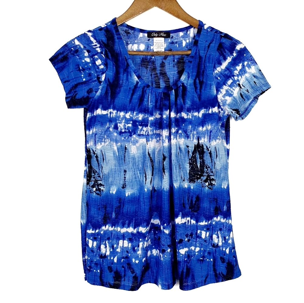 Only Nine Womens Blue Watercolor Scoop Neck Blouse Short‎ Sleeve Top Size S